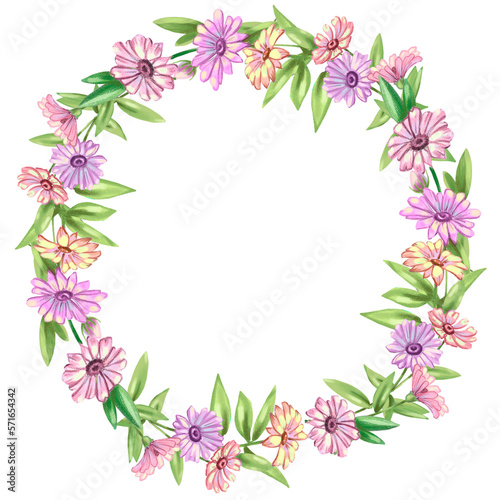 Illustration of a frame made of pink flowers and leaves. High quality illustration © Лариса Хамукова