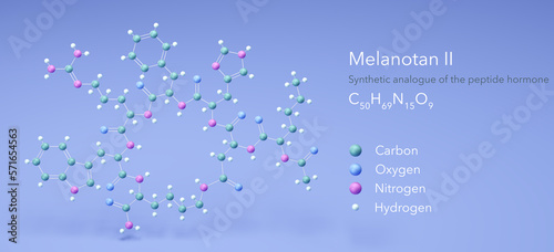 Melanotan II molecule, molecular structures, c50h69n15o9, 3d model, Structural Chemical Formula and Atoms with Color Coding photo