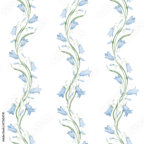 Watercolor seamless Pattern with Bluebell Flowers on isolated background. Hand drawn backdrop with wild Bellflowers for textile design or wrapping paper or textile. Wallpaper in pastel blue colors.