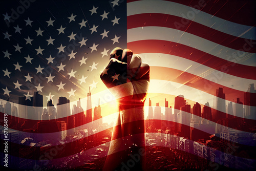 Human raised fist air calling for the defense and protection of their rights  in USA. AI.