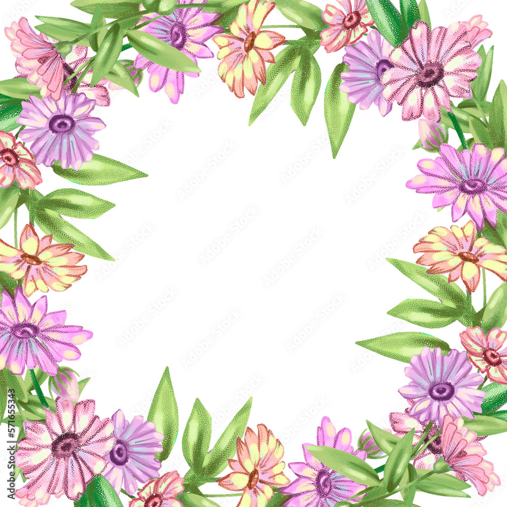 Illustration of a frame made of pink flowers and leaves. High quality illustration