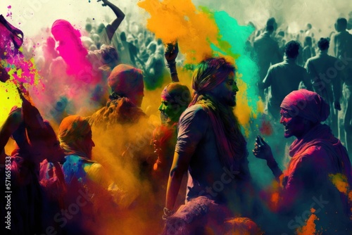 People celebrating Holi festival of colors, India, GENERATIVE AI
