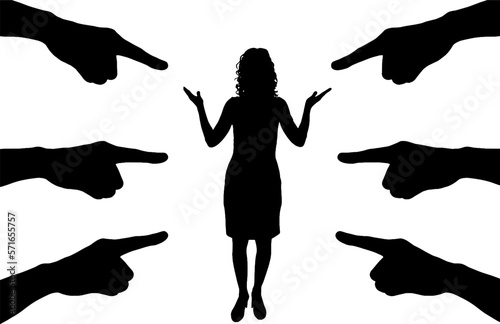 Silhouette of the hands shows fingers on a puzzled woman. The concept of accusation, bullying and racism