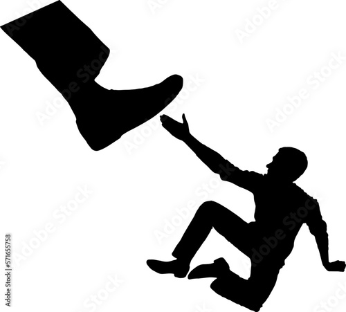 The silhouette of a large leg presses on a man lying on the ground. Business Concept