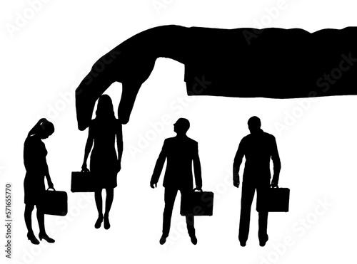 Hiring process. Silhouette of a group of people, candidates for office. Boss hand chose woman. Business Concept