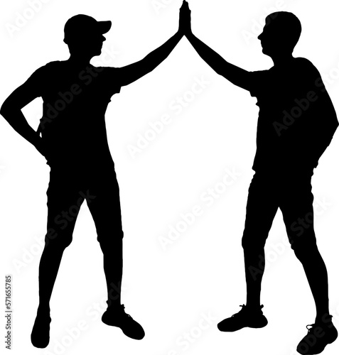 Silhouette of two men give five to each other. Vector silhouette. The concept of teamwork and mutual assistance in business