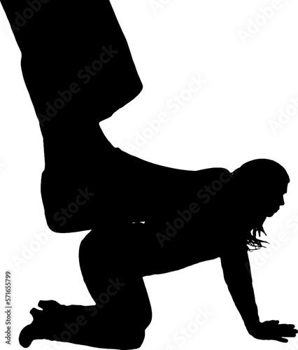 Silhouette of a large man's leg presses on a woman standing on all fours. The concept of discrimination and disrespect for women