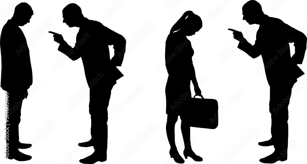 Boss silhouette yelling at employee man and woman set. Business concept of dismissal, reprimand and bullying.