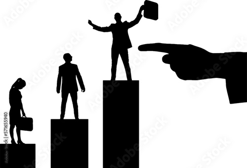 Hiring concept. Hand silhouette indicates the silhouette of a jubilant man standing on a winner's podium next to a rejected upset man and woman