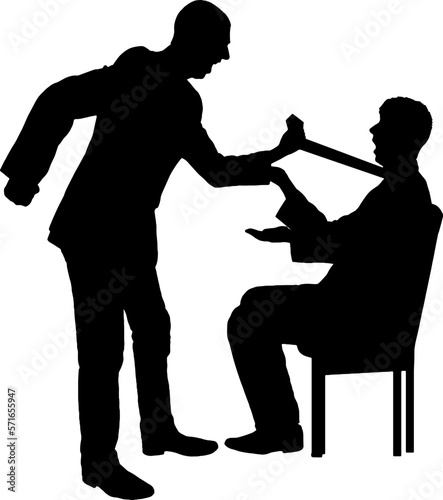 Silhouette of an angry male boss holding the tie of a frightened employee sitting on a chair. Business concept of bullying