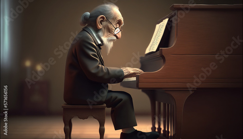old man playing the piano, gray hair and beard