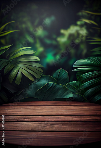 Empty wooden table top product display showcase stage with tropical lush jungle leaves background. Generative ai