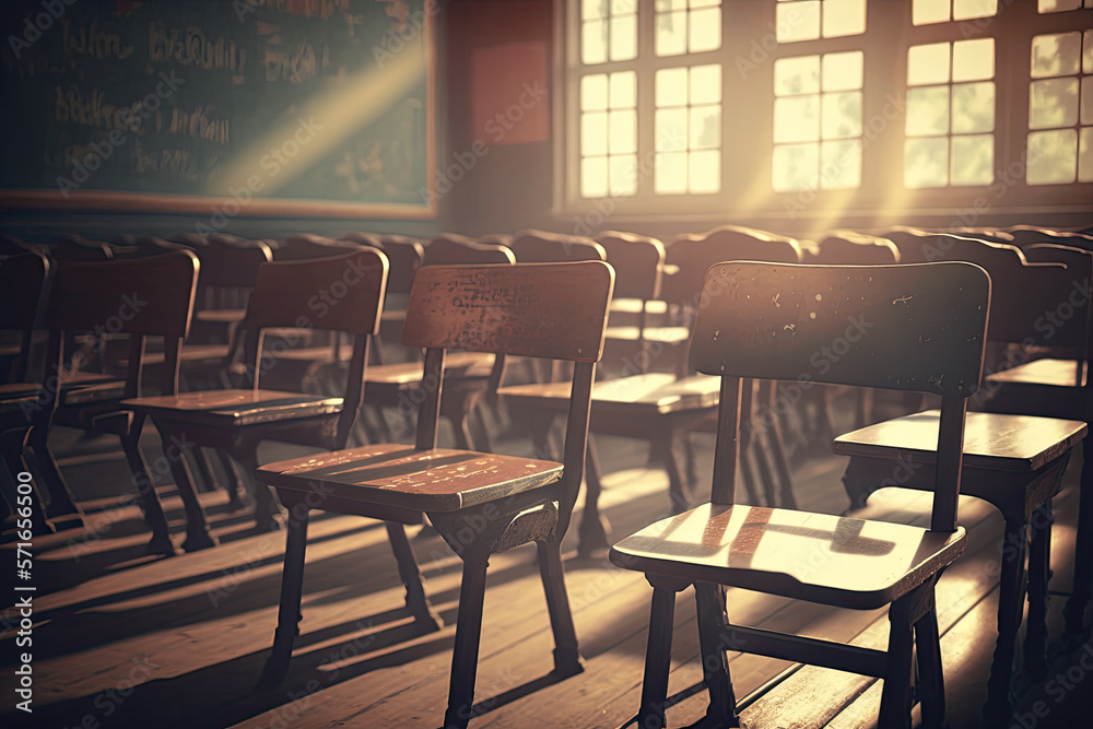 wooden chairs in an old school. Generative AI wooden chairs in an old school. Generative AI