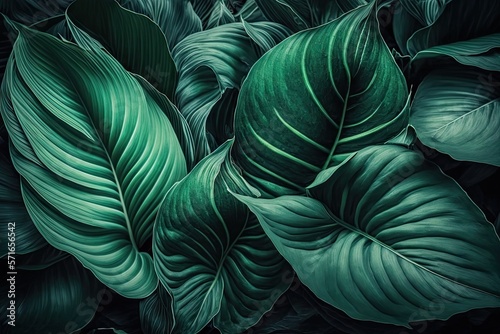 Spathiphyllum cannifolium leaves  abstract green texture  background of nature  tropical leaf. Generative AI