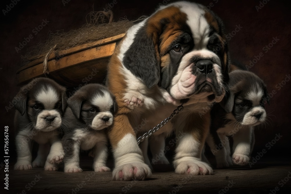 Puppy from Saint Bernard carrying three little kittens. Generative AI Puppy from Saint Bernard carrying three little kittens. Generative AI