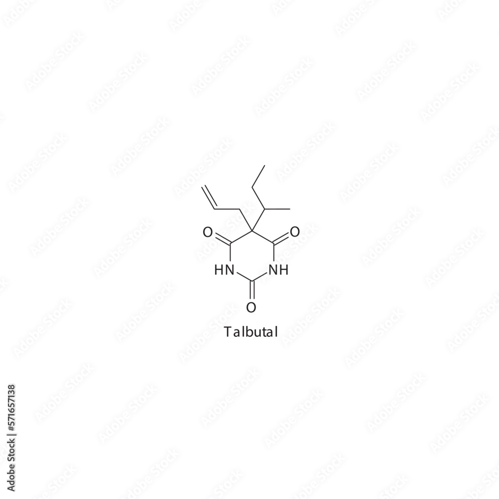 Talbutal flat skeletal molecular structure Barbiturate drug used in insomnia, anxiety, siezures treatment. Vector illustration. Talbutal flat skeletal molecular structure Barbiturate drug used in insomnia, anxiety, siezures treatment. Vector illustration.