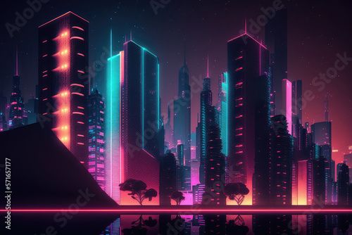 3D Rendering of neon mega city with light reflection from puddles on street heading toward buildings. Concept for night life, (CBD)Cyber punk theme, tech background (ai generated)
