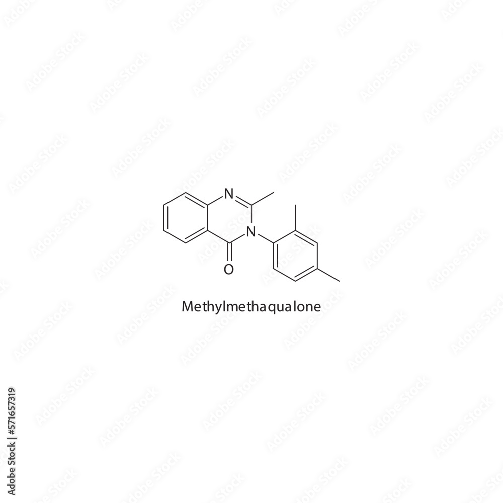 Methylmethaqualone flat skeletal molecular structure Quinazolinone sedative drug used in insomnia, muscle relaxation treatment. Vector illustration. Methylmethaqualone flat skeletal molecular structure Quinazolinone sedative drug used in insomnia, muscle relaxation treatment. Vector illustration.