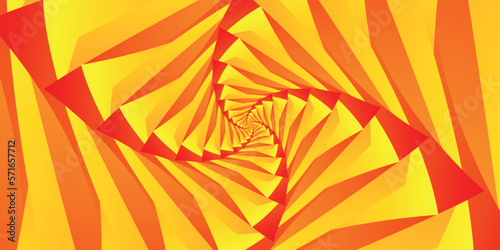 Abstract unusual psychedelic wide horizontal spiral illustration striped with gradient orange, red, yellow and white triangles and lines. Spiral striped pattern effect.