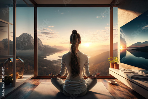 Yoga basics sitting position in lotus pose, back view of healthy woman with sport shirt relax and clam with yoga pose and sunset light, mediation, breathing, with Generative AI.