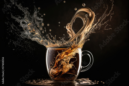 Coffee in cup with falling of splash and steam. Morning drinks with Generative AI.
