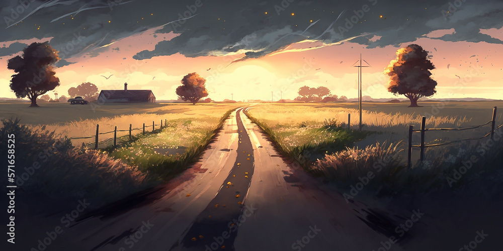 Illustration of a path between the fields at sunset - AI generative