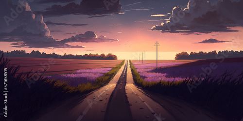 Illustration of a path between the fields at sunset - AI generative photo