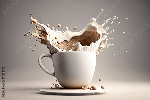 Milk and chocolate in cup with falling of splash and steam. Morning drinks with Generative AI.