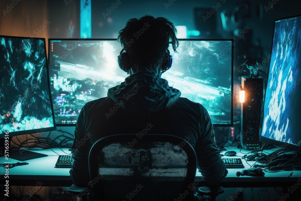 gamer playing game on screen monitor with computer, gaming and esports concept, streamer is streaming online content, hacker hacking the network system, GENERATIVE AI