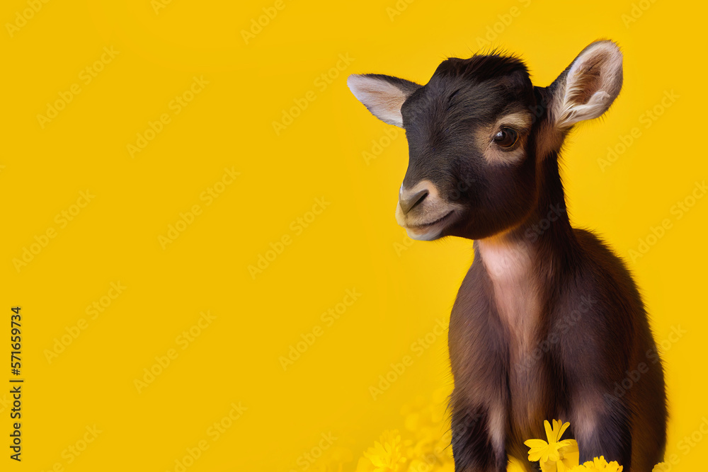 baby goat over yellow background. Generative Ai baby goat over yellow background. Generative Ai