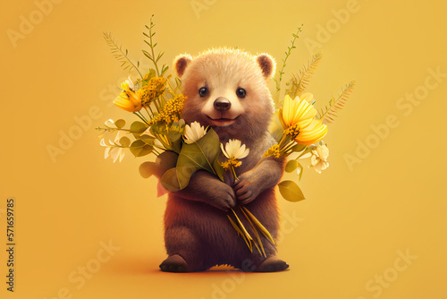 Bear with flowers over yellow background, postcard for 8 march. Generative Ai © Alexandra