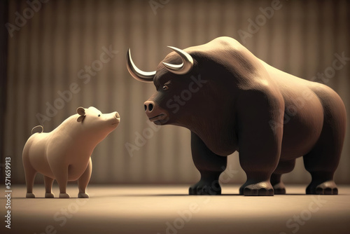 Bull and bear cartoon character, concept of stock market, exchange, business or financial technology, Generative AI