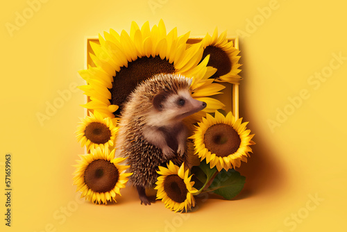 hedgehog with sunflowers. Generative Ai