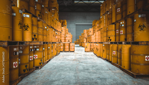 Fotografie storage of yellow bins with radioactive and chemical hazard symbol