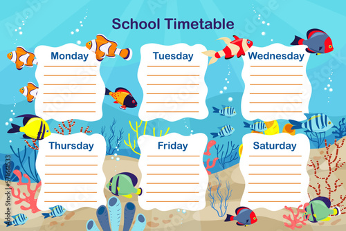 School timetable sea theme design fish corals vector template. Weekly lesson schedule printable template.