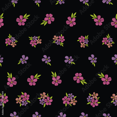 seamless repeat pattern with beautiful colorful flowers on a black background perfect for fabric, scrap booking, wallpaper, gift wrap projects