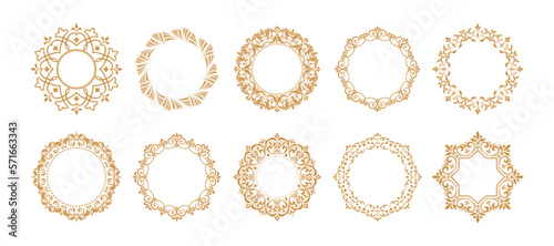 Set of decorative frames Elegant vector element for design in Eastern style, place for text. Floral gold and white borders. Lace illustration for invitations and greeting cards