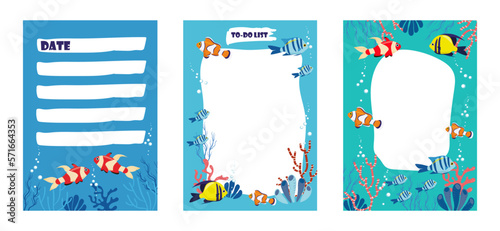Planner vector template set marine design exotic fish. Organizer school sea life flat style.