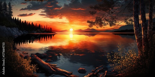 beautiful lake sunset scene. Generative AI © 2rogan