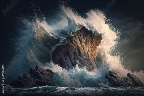 Sea waves smash rocks. a sea wave crashes against a rock. Generative AI