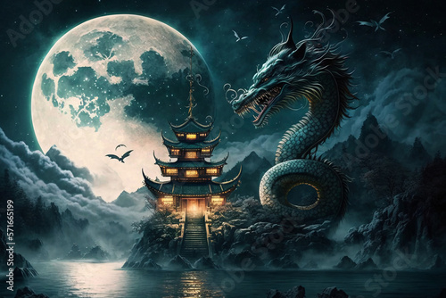 Halloween background with a dragon. Japanese scene with temple. Night sky and moon. Generative AI