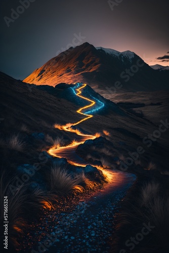 A bright path in the mountains. Glowing colors. Generative AI photo