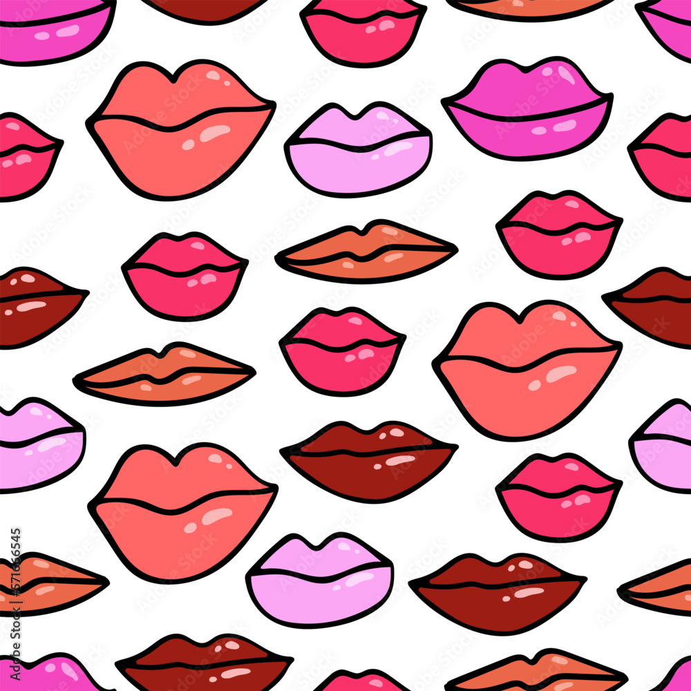 Hand drawn vector female lips of different shapes seamless vector pattern. Highlight lips in doodle style. Hand drawn vector female lips of different shapes seamless vector pattern. Highlight lips in doodle style.