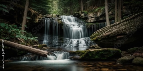 Waterfall cascade with a stream in a natural forest setting. Generative AI