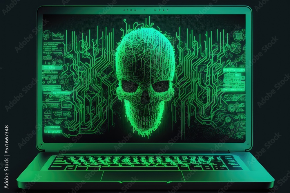 laptop with hacker code. Threats to privacy, cybersecurity, or hacking. Programmer or coder who creates malware, virus software, online attacks, or digital designs. Web data in green on a computer scr laptop with hacker code. Threats to privacy, cybersecurity, or hacking. Programmer or coder who creates malware, virus software, online attacks, or digital designs. Web data in green on a computer scr