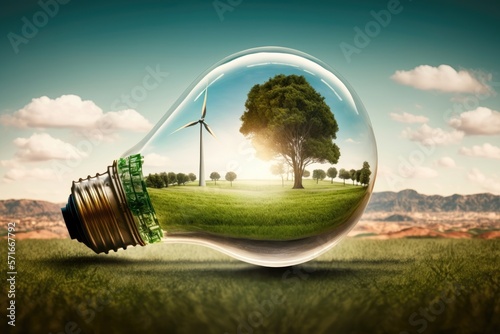 Light bulb with wind turbine inside, green landscape. Generative AI