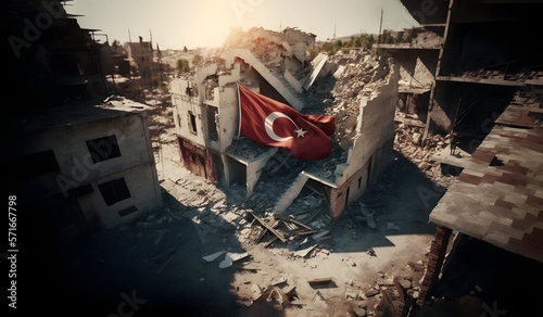 Turkish huge earthquake a half broke flag and lots of house destruction, Broken Flag of Turkey, republic Turkish earthquake 2022