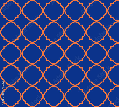 Moroccon background of geometric islamic trellis pattern in blue with orange repeating outline. Ramadan Islamic Background.Decorative geometric quatrefoil background.