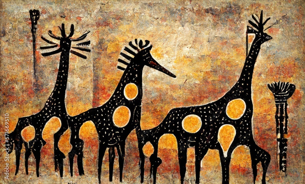 Giraffes in the savannah, painting with brown colors - obrazy, fototapety, plakaty 