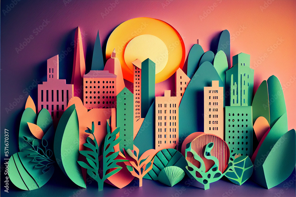 City, urban landscape. Paper cut art. Colored paper. ilustração do Stock |  Adobe Stock